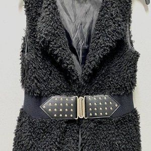 Like New MCM Black Faux Shearling Vest with Belt, sz SP